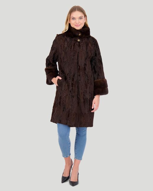Gorski Brown Lamb Sections Short Coat With Mink Stand Collar