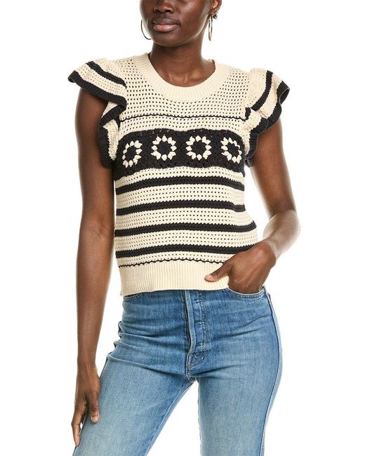 Elie by Elie Tahari Blue Flutter Sleeve Crochet Sweater