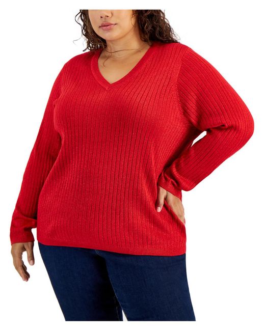 Tommy Hilfiger Red Plus Metallic V-Neck Pullover Sweater