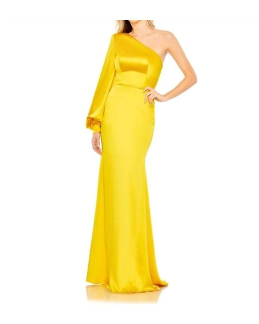 Ieena for Mac Duggal Yellow One Shoulder Bishop Sleeve Trumpet Gown