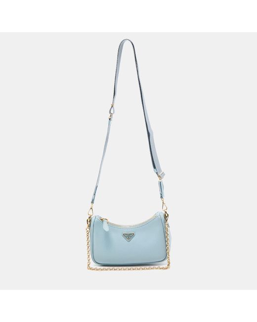 Prada Blue Light Saffiano Lux Leather Mini Re-edition Pochette Bag