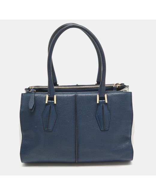 Tod's Blue Leather D-cube Double Zip Tote