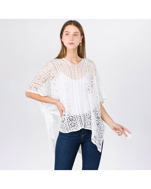 TRUEDAMES White Boho Crochet Tassel Poncho Top