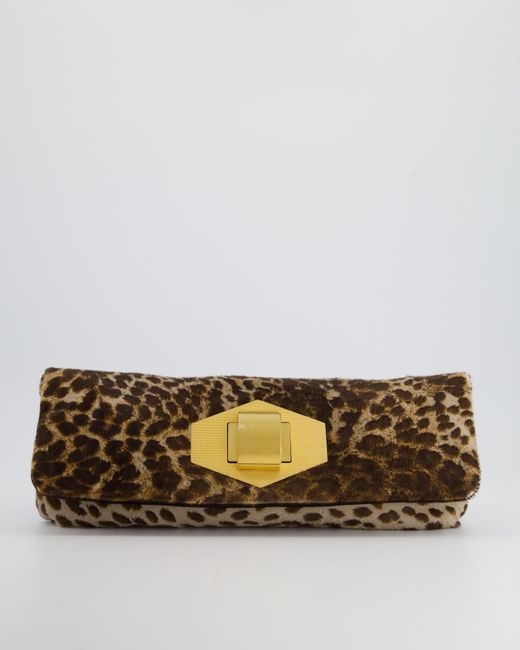 Lanvin Gray Leopard Print Calfskin Clutch Bag With Large Gold Clasp Detail