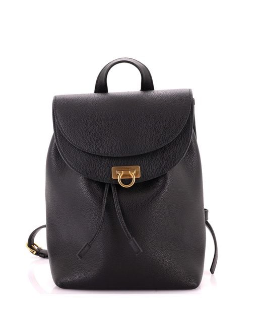 Ferragamo Black Gancini Flap Drawstring Backpack Leather Medium
