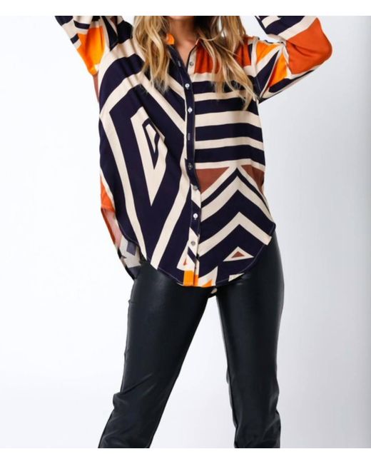 Olivaceous Blue Graphic Long Sleeve Blouse