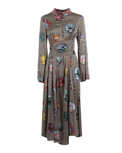 Shirtaporter Gray Vertical Striped Midi Dress With Covered Buttons