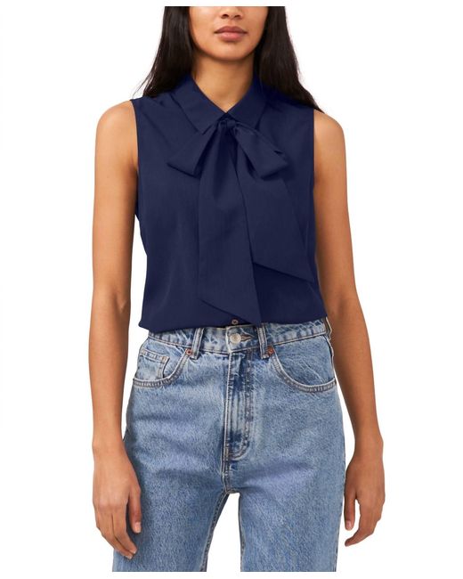 Cece Blue Sleeveless Bow Button Front Top