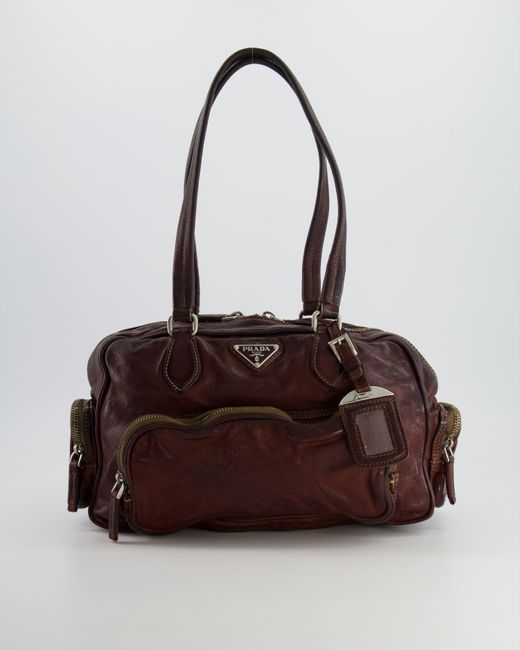 Prada Brown Leather Pocket Shoulder Bag With Logo