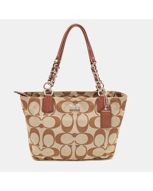 COACH Brown/ Signature Canvas And Leather Chain Tote