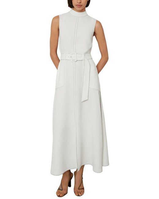 Reiss White Thora Midi Belted Dress
