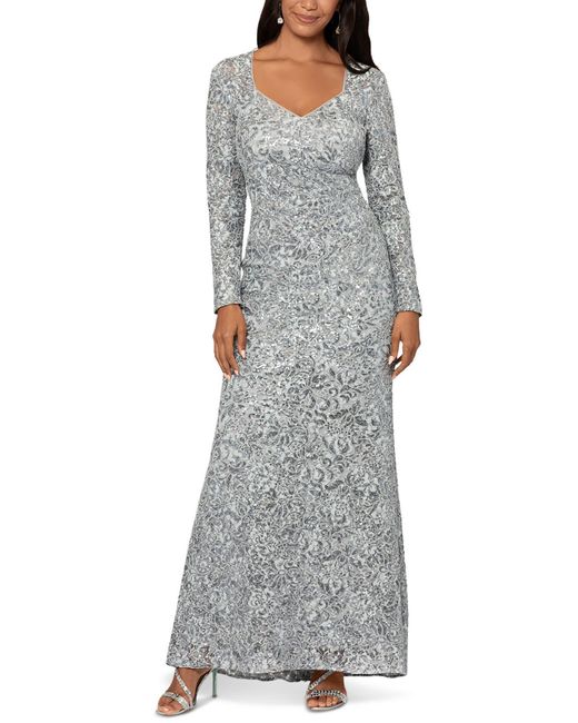 Xscape Gray Lace Sequined Evening Dress