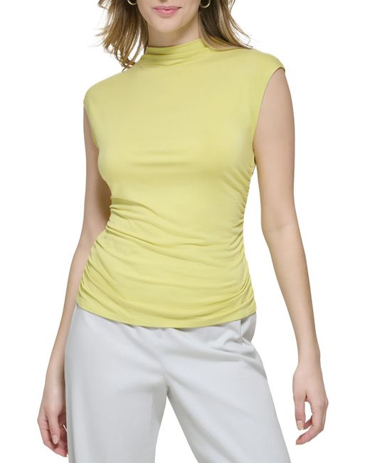 Calvin Klein Yellow Ruched Sides Mock Neck Pullover Top