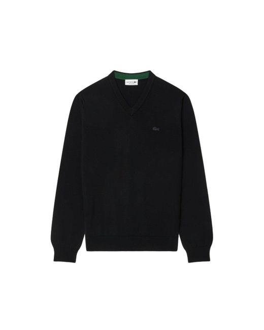 Lacoste Black Merino Wool Pullover With Ribbed V-Neck And Embroidered Detail for men