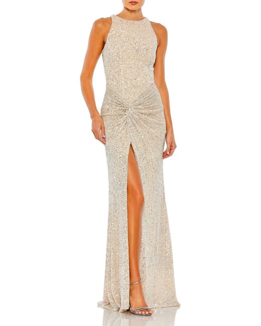 Mac Duggal White Sequin Ruched Evening Dress