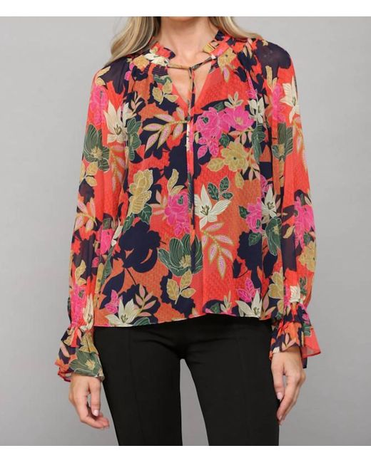 Fate Red Floral Print Ruffle Neck Blouse In Navy Multi
