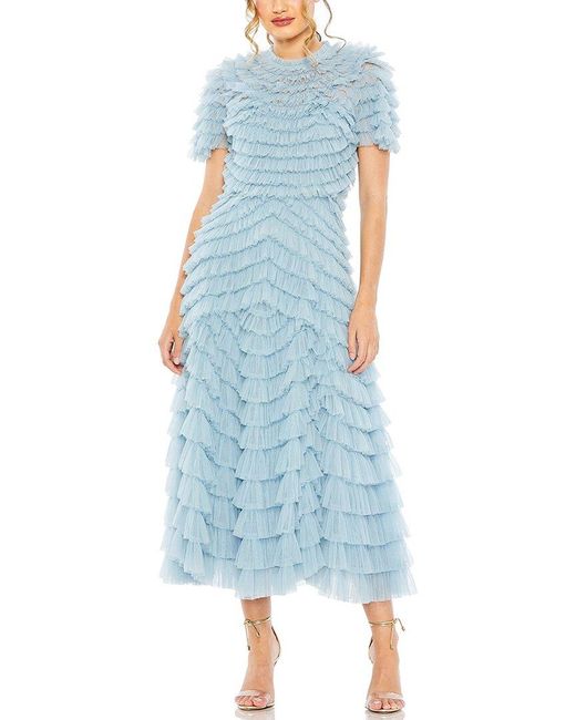 Mac Duggal Blue High Neck Short Sleeve Tiered Ruffle A-line Dress