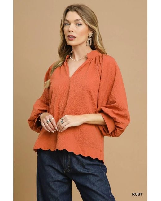 TRUEDAMES Orange Textured Notched Balloon Sleeve Blouse With Scalloped Hem
