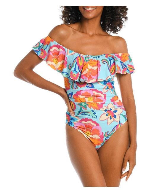 La Blanca Orange Breezy Off-the-shoulder Ruffled Nylon One-piece Swimsuit