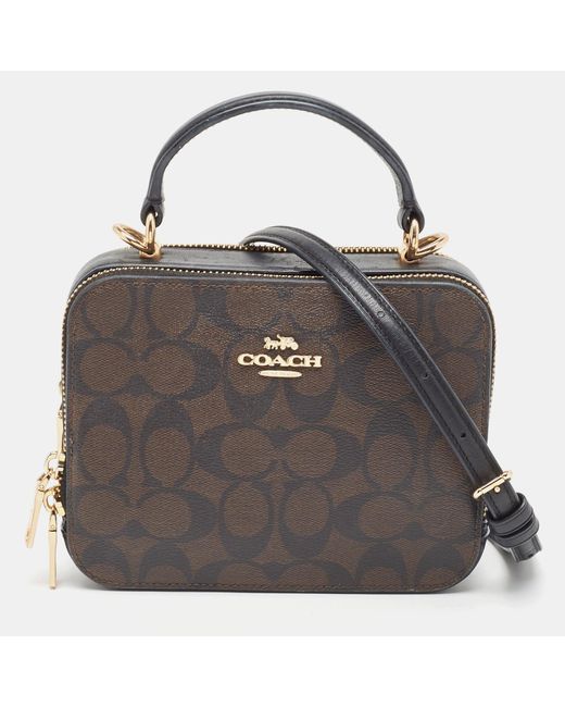 COACH Black Signature Coated Canvas And Leather Box Top Handle Bag
