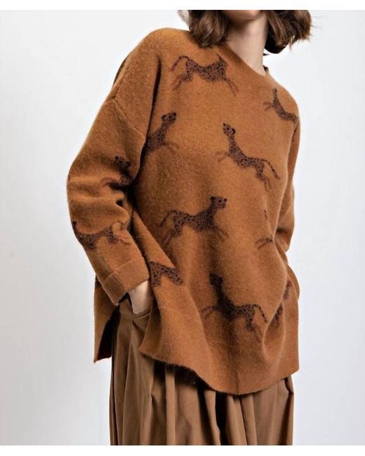 Easel Brown Round Neck Drop Shoulder Cheetah Printed Sweater