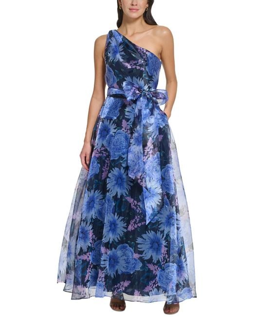Eliza J Blue One Shoulder Printed Evening Dress