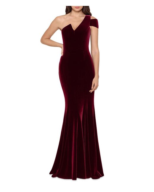 Aqua Red Velvet One Shoulder Evening Dress