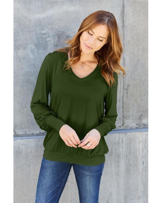 TRUEDAMES Green Full Size V-Neck Lantern Sleeve Blouse