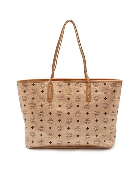 MCM Brown Visetos Logo Tote Bag Metallic