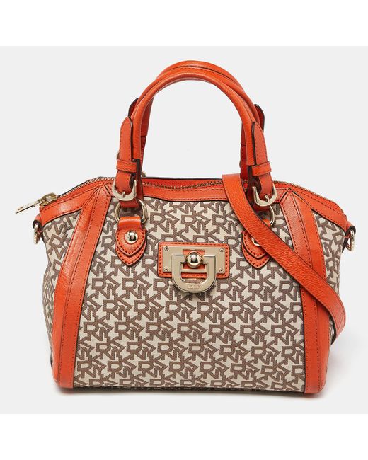 DKNY Red /beige Monogram Canvas And Leather Zip Satchel