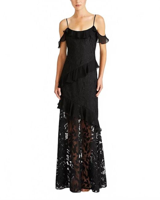 ML Monique Lhuillier Women's Black Siennaruffle Cold Shoulder Lace Gown  Dress