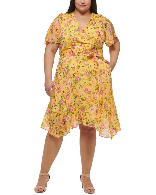 Jessica Howard Yellow Plus Chiffon Knee-length Midi Dress