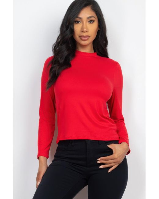 TRUEDAMES Red Mock Neck Solid Long Sleeve Top