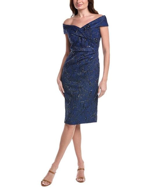 Teri Jon Women's Blue Metallic Jacquard Portrait Side Ruched Dress