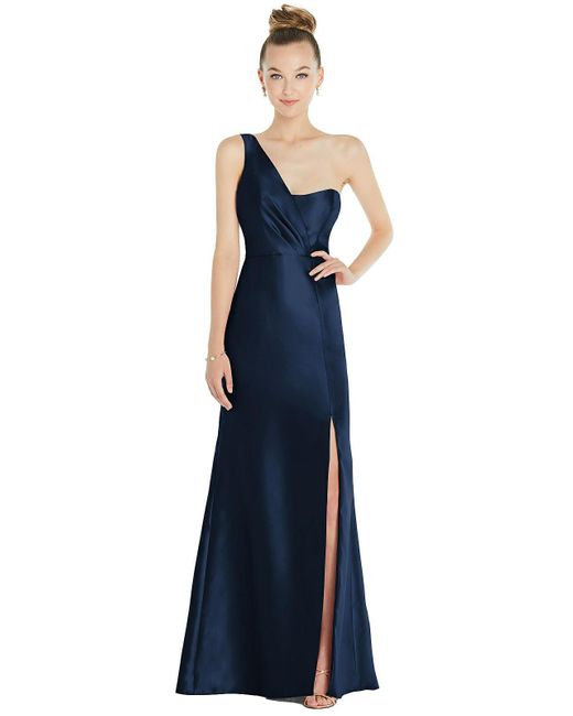 Alfred Sung Blue Draped One-shoulder Satin Trumpet Gown With Front Slit