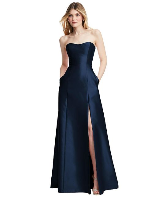 Alfred Sung Blue Strapless A-line Satin Gown With Modern Bow Detail