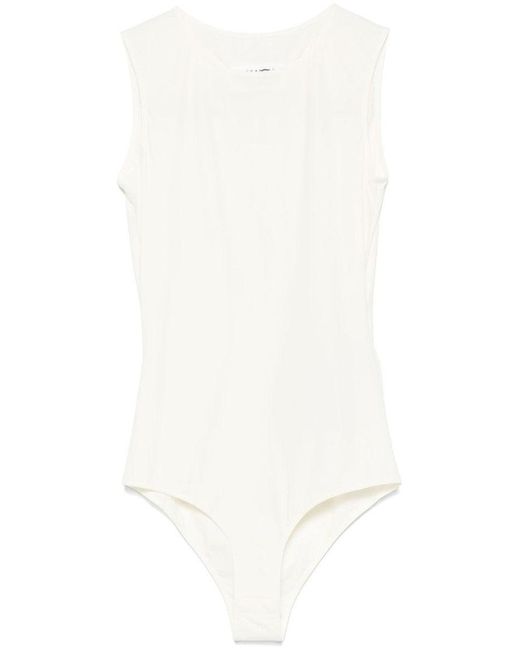MM6 by Maison Martin Margiela White Ecru Sleeveless Stretch Bodysuit With Crew Neck