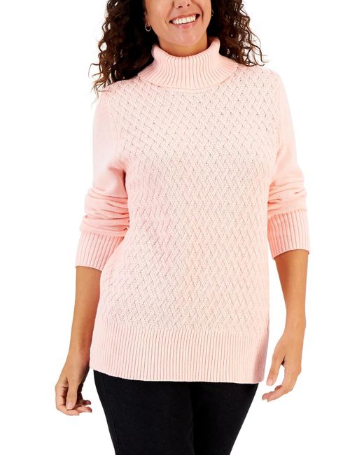 Karen Scott Pink Petites Cotton Cable Knit Pullover Sweater