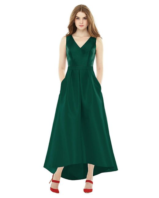 Alfred Sung Green Sleeveless Pleated Skirt High Low Dress With Pockets
