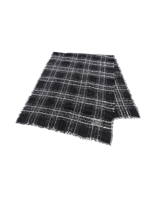 Chanel Gray Coco Mark Scarf Stall Check Wool