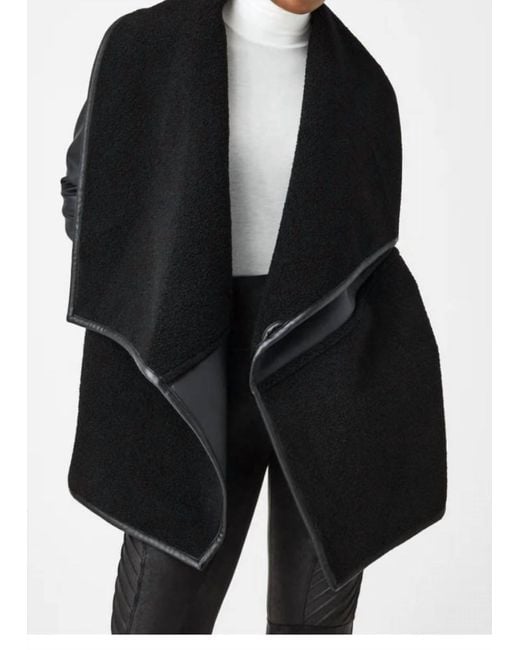 Spanx Black Fleece & Faux Leather Long Wrap Jacket