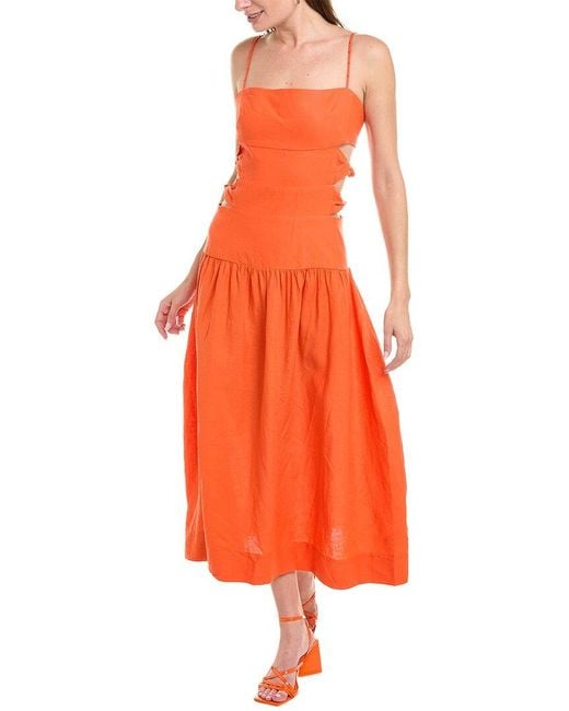 Farm Rio Orange Cutout Linen-blend Midi Dress