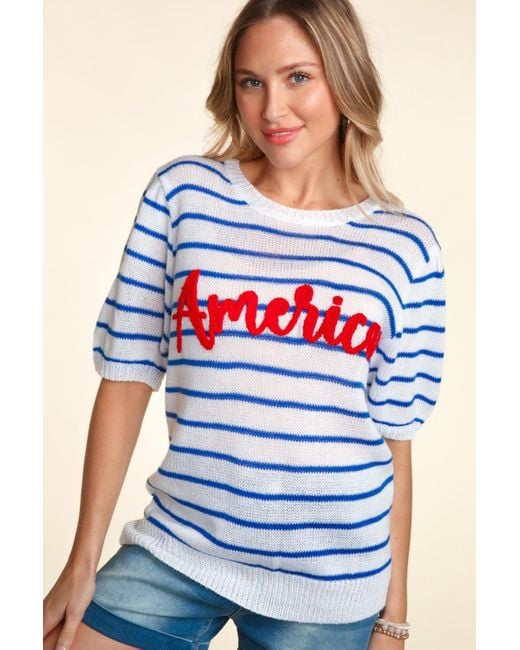TRUEDAMES Blue Letter Embroidery Striped Knit Top