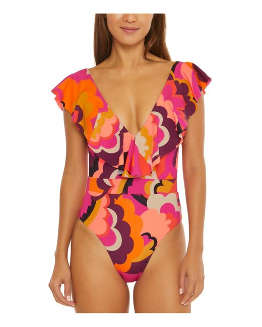 Trina Turk Orange Fan Faire Ruffle Ruffled Nylon One-piece Swimsuit