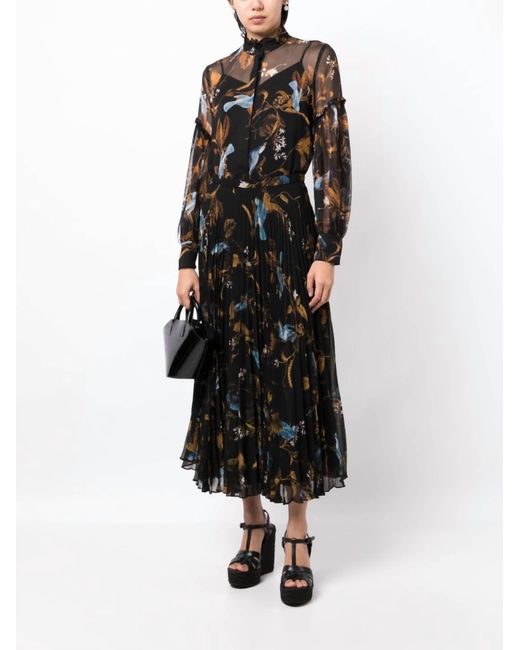 Erdem Black Pleated Bird Floral Midi Skirt