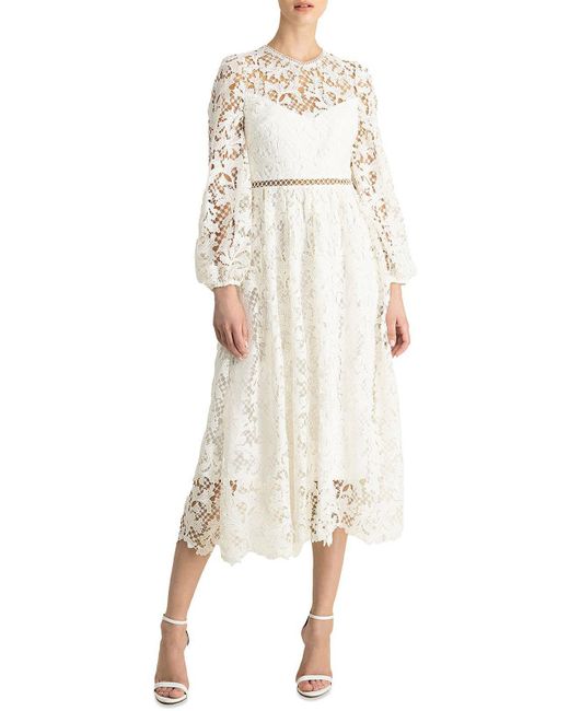 ML Monique Lhuillier Lace Puff Sleeve Midi Dress in Natural | Lyst