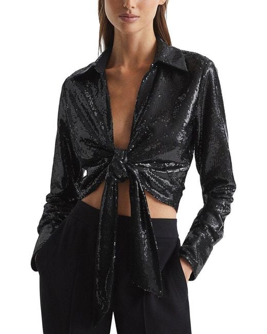 Reiss Black Hannah Tie Front Sequin Top