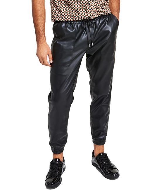 INC Black Faux Leather Drawstring Jogger Pants for men