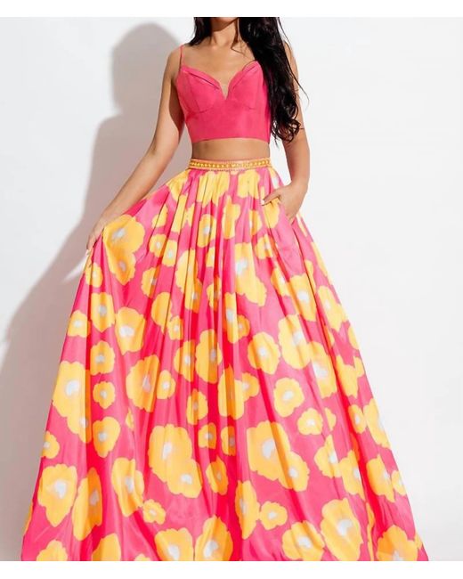 Rachel Allan Pink Floral Two-Piece Mikado Prom Gown