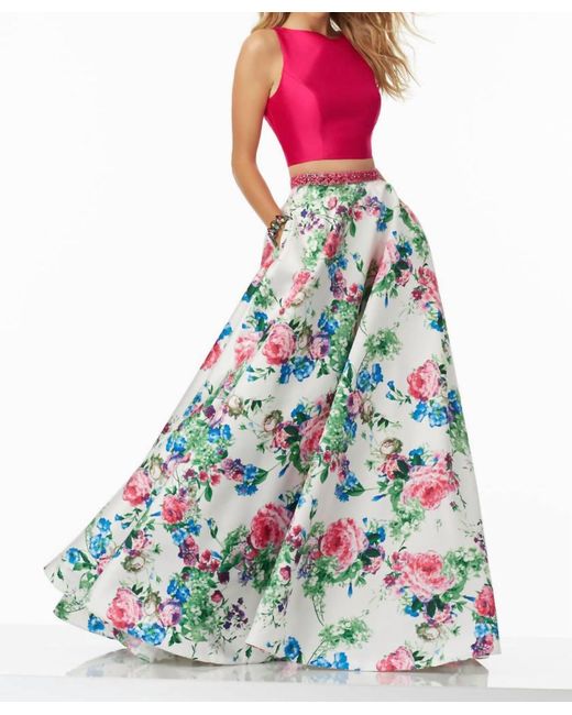 Paparazzi by Mori Lee White Two-Piece Floral Printed Larissa Satin Ball Gown